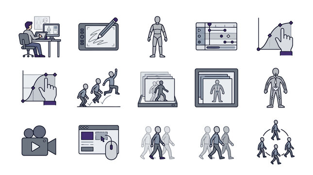 3D modeling and character animation process icons.