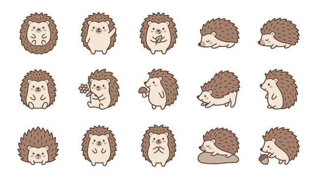 Adorable hedgehog characters eating and playing set.
