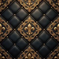 Fototapeta premium Diamond tufted black leather with gold baroque ornament.