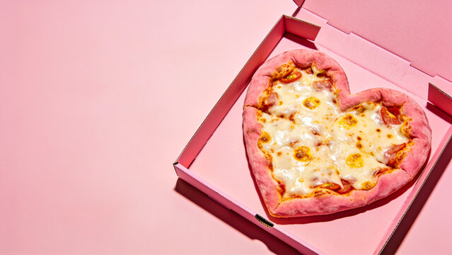 Heart Shaped Pizza with Pink Dough in Opened Carboard Box on Empty Pastel Surface
