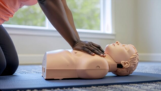 A person practicing CPR chest compressions on a medical training mannequin mannequin torso. Demonstrating life-saving first aid techniques in a bright indoor room with a window background.