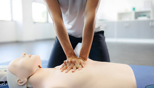 Close up of a person performing CPR on a medical training mannequin during a first aid course. Demonstration of life saving techniques, chest compressions, and emergency medical response.