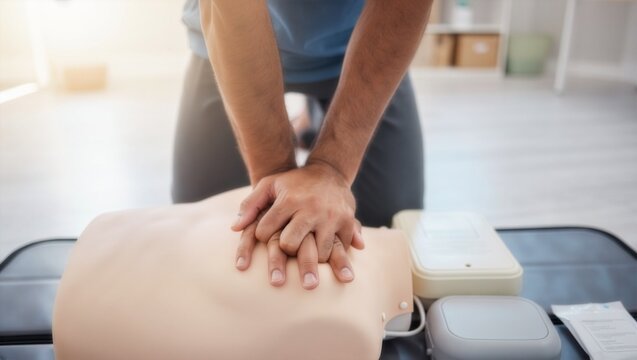 Close up of hands performing CPR chest compressions on a training dummy with automated external defibrillator equipment nearby. First aid education class demonstrating life saving procedures