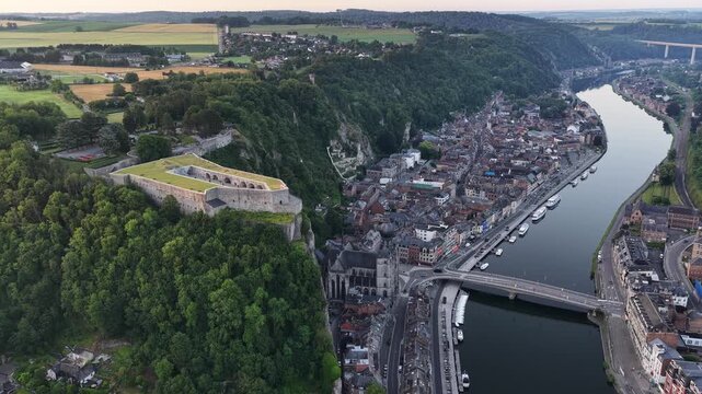Dinant Belgium Ardennes panorama Meuse River and citadel evening