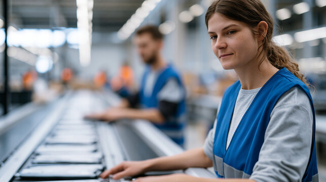 Circular economy reverse logistics team sorting returned consumer electronics by condition grade on a large conveyor table inside a certified refurbishment facility, scanning