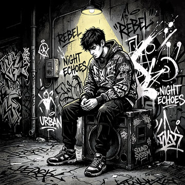 Sad young man sitting on a speaker in a dark urban graffiti alley