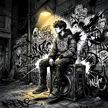 Anime style young man sitting on a speaker in a graffiti alleyway