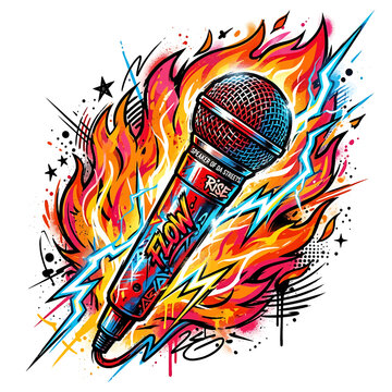 Graffiti style microphone illustration with fire and lightning effects