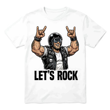 Muscular biker man in leather jacket making rock and roll hand sign