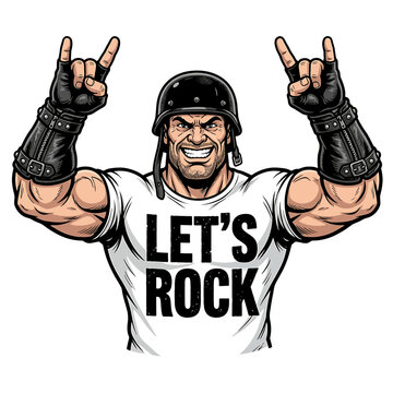 Muscular man in helmet making rock and roll gesture
