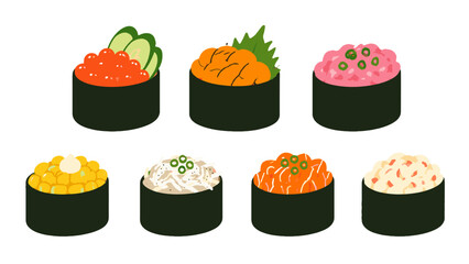 Assorted gunkan sushi icons isolated on white background © Andrei