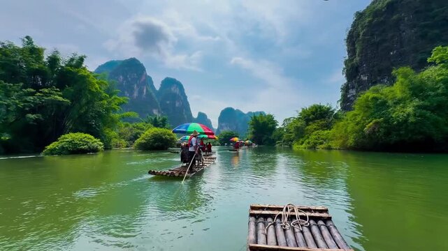 Yangshuo Li River Traditional Bamboo Raft Cruise with Scenic Karst Mountains