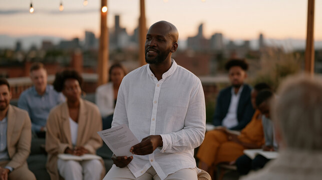 Cohort of emerging leaders gathered in a twilight rooftop setting above a city, leadership development program debrief in progress, facilitator holding a printed scenario card,