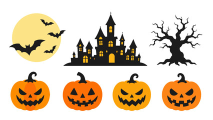 Halloween vector set with pumpkins, bats, moon, castle and tree © Andrei