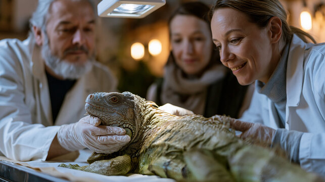 Exotic animal specialist in protective gloves examines green iguana under magnification lamp on specialized reptile examination table while veterinary technician holds the lizard