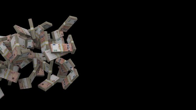 3D Animation of Rolling 50 Euro Banknote Stacks Moving Across Black Background