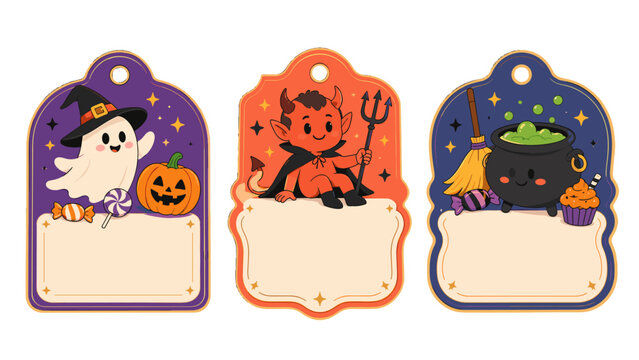 Cute Halloween gift tag set with ghost, devil and cauldron