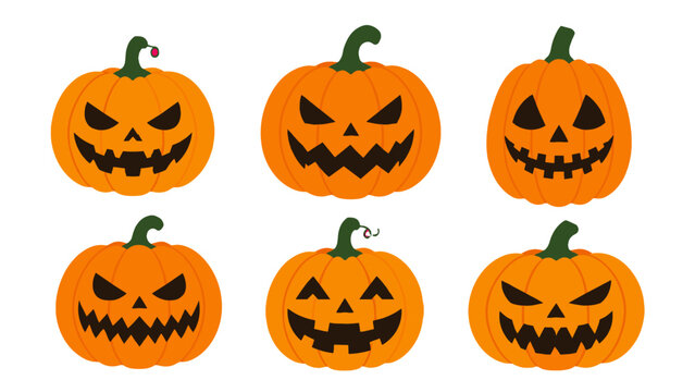 Set of six carved Halloween pumpkin faces in flat vector style