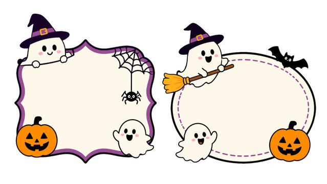Cute Halloween ghost frames with pumpkins, bat, and spider web