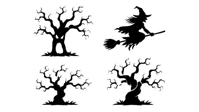 Halloween tree and flying witch silhouette vector set