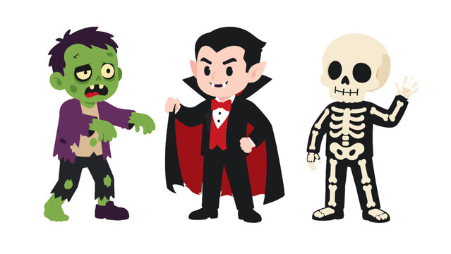 Cartoon Halloween characters with zombie vampire and skeleton