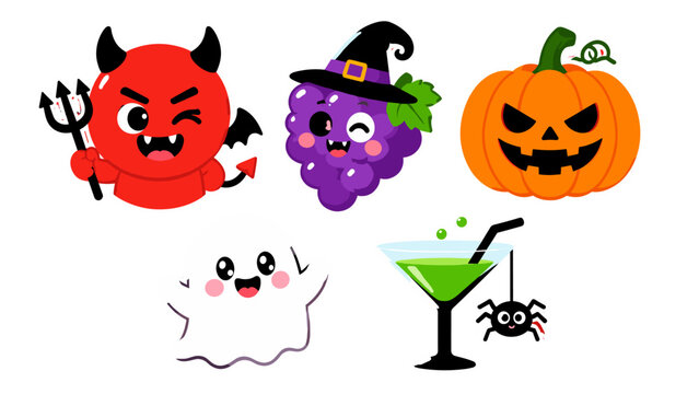 Cute Halloween sticker set with devil, ghost, pumpkin and drink