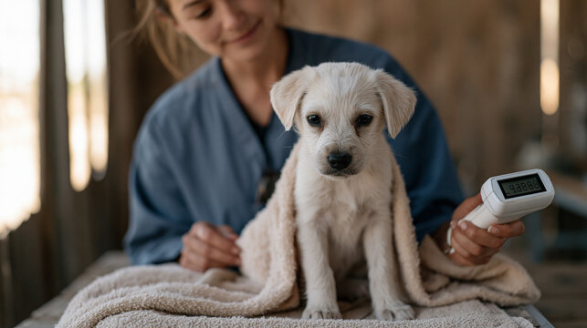 Veterinary technician scans a puppy's newly implanted microchip with a handheld scanner during a post-procedure confirmation check, the readout number visible on the scanner