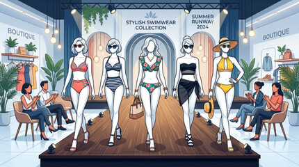 Fashionable women models walk down a stylish swimwear runway in a boutique © Mkhan