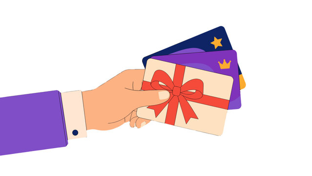 Hand holding gift card with ribbon and stacked cards vector