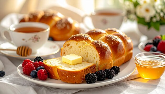 Thick slices of challah bread served with butter, honey, fresh berries, and a cup of hot tea