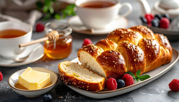 Thick slices of challah bread served with butter, honey, fresh berries, and a cup of hot tea, luxury breakfast setting, elegant ceramic plates