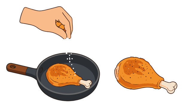 Hand seasoning fried chicken leg in pan flat vector illustration