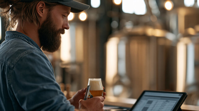 Over the shoulder view of a craft brewery quality technician analyzing a beer sample through a refractometer, production logs and gravity readings on a tablet beside the testing