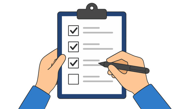 Hands holding clipboard checklist with pen and checked boxes