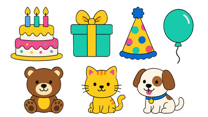 Fototapeta premium Cute birthday party and pet cartoon icon set on white