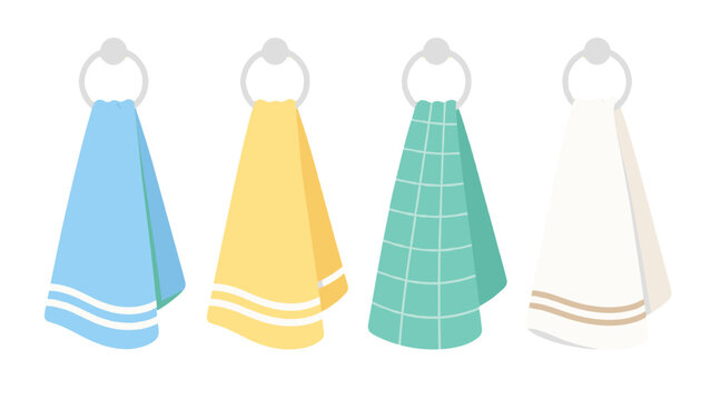 Set of hanging bathroom towels on rings in flat vector style