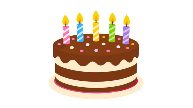 Chocolate layer cake with five lit candles vector illustration