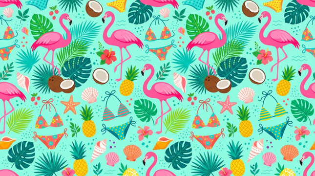 Vibrant tropical pattern with flamingos swimwear and fruit on turquoise background