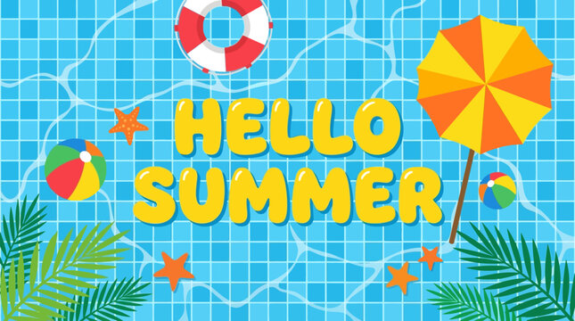 Vibrant summer scene with colorful umbrella and inflatables on sunny pool water surface