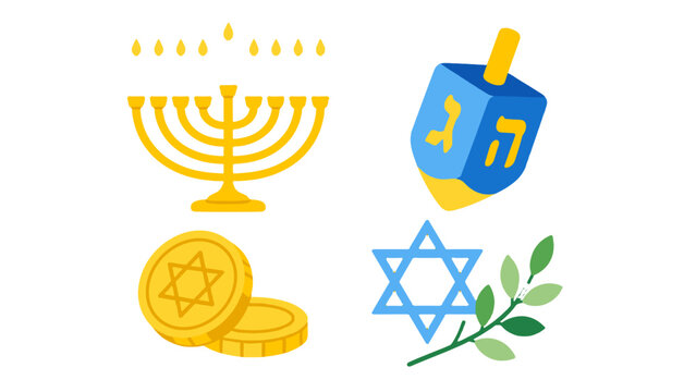 Hanukkah symbols with menorah dreidel coins and Star of David