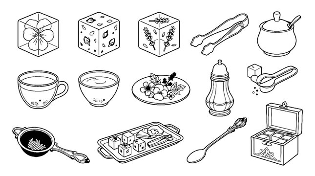 Isometric tea and sugar service set line art illustration collection.