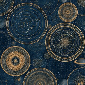 This design features repeated vintage astronomy diagrams showing orbits and star charts in faded navy and gold. It reflects a 1940s style.