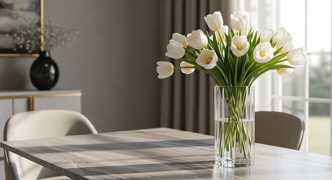 White Tulips on Dining Table Interior.