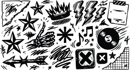 A monochromatic hand drawn vector illustration set featuring punk rock inspired elements like skeleton hands stars lightning bolts and music © Arun
