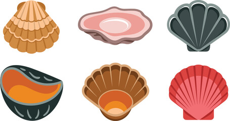 Oyster and scallop shell vector icons, colorful marine bivalve collection for seafood restaurant menus, flat cartoon beach graphic elements. © suborna
