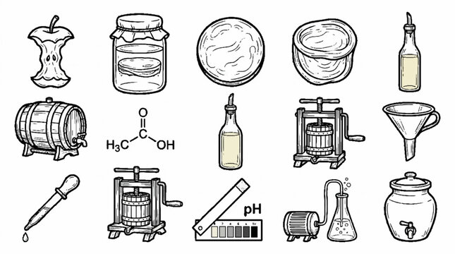 Hand drawn vintage vinegar production and fermentation equipment set with apple core and lab tools.