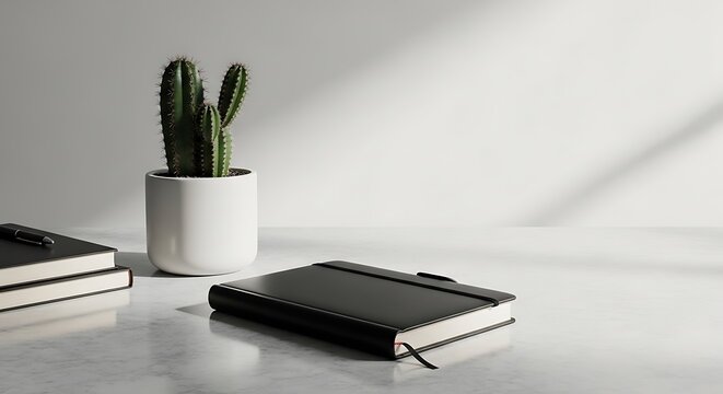 Black notebooks and small cactus plant.