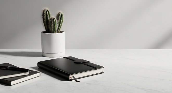 Minimalist office desk with notebooks and plant.