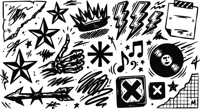 A monochromatic hand drawn vector illustration set featuring punk rock inspired elements like skeleton hands stars lightning bolts and music