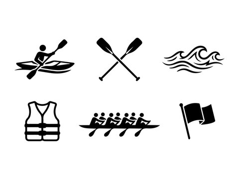 Water sports equipment icons including kayak rowing oars waves life vest boat crew flag with lifejacket